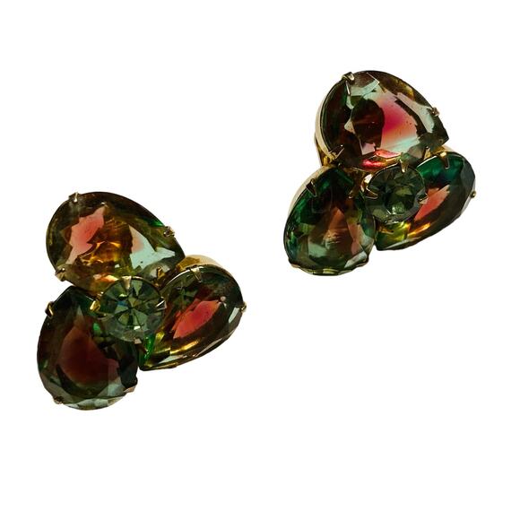 Vintage mid century clip on earrings watermelon green pink glass stones on gold - Picture 6 of 8